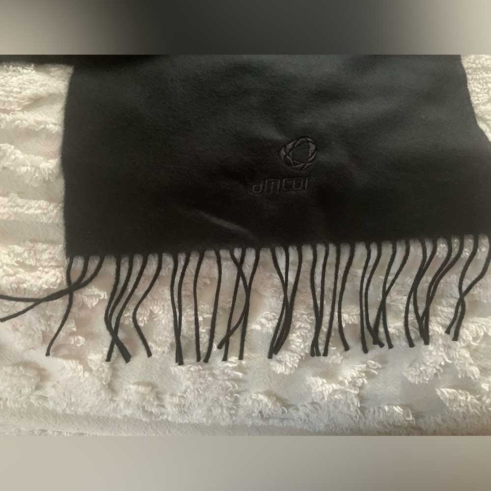 NEW Men’s Black Scarf: Soft Acrylic w/Fringe, Black Amcor Embroidery 63x12 in